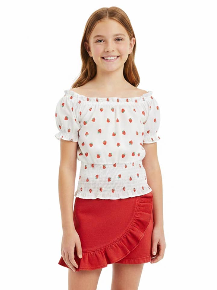 Flickors rosa vävd topp med smock vid fållen och skort i denim - 2441867 för wholesale av Hemworld