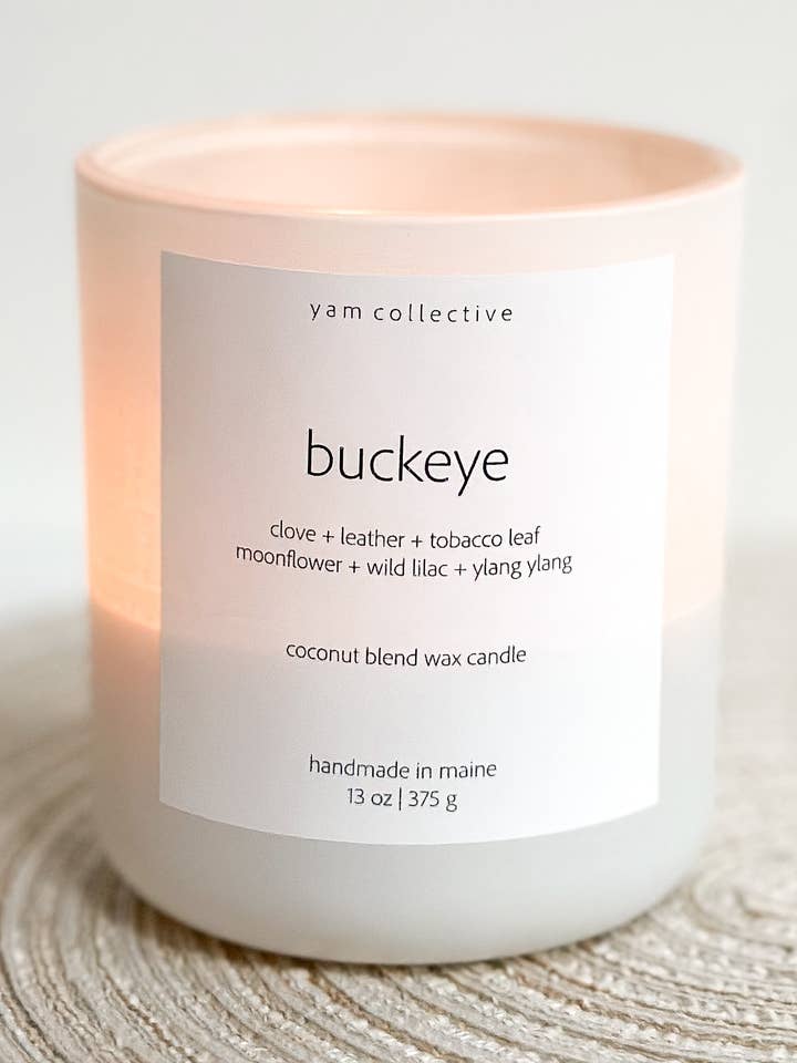 Buckeye -13 oz Leather + Moonflower Matte White Glass Candle for wholesale by yam collective