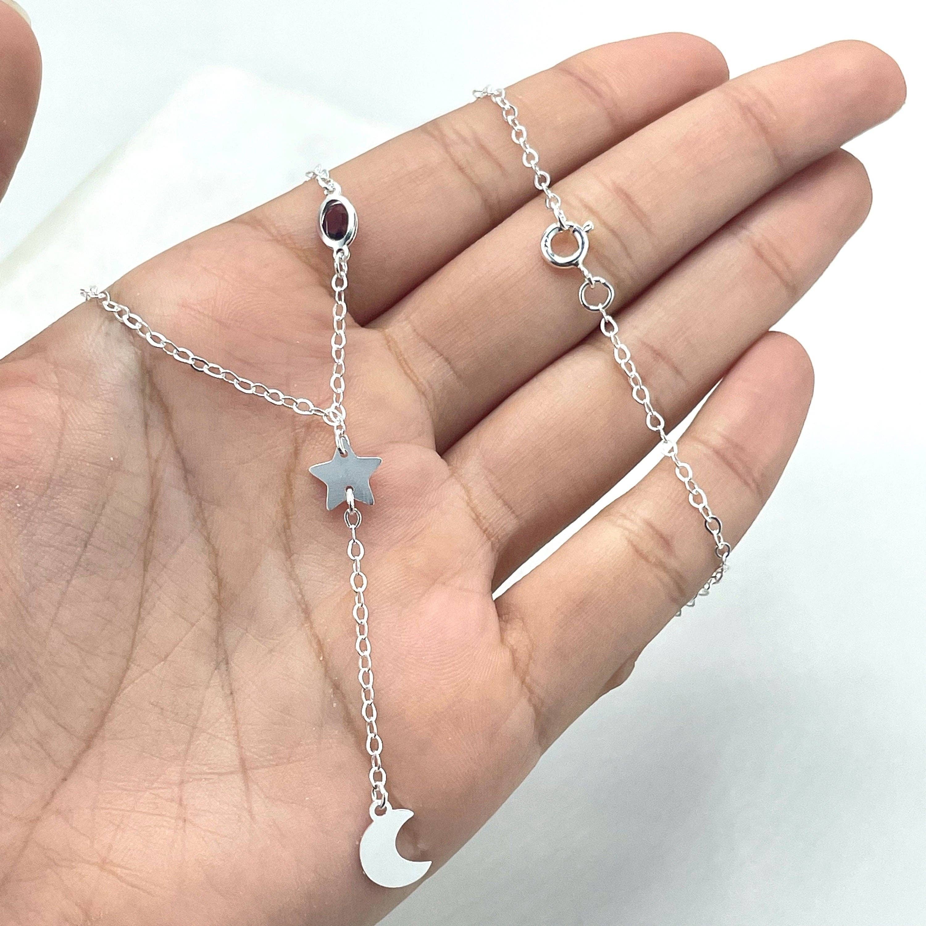 DIJU Jewelry - Venta al por mayor Collares con colgantes/abalorios - Cadena enrollada de plata de ley 925 de 1 mm con estrella, dijes de luna y coloridas cuentas acrílicas, collar con forma de lazo, sello 925, suministros de joyería al por mayor2