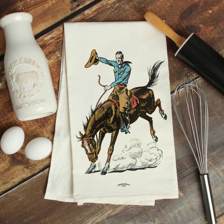 Vintage Bronc Rider - Old Fashioned Tea towel for wholesale by Cocklebur & Co.