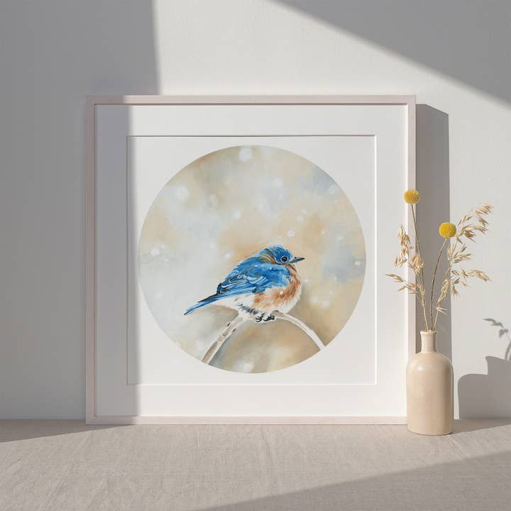 Waiting Out the Storm Bluebird Print for wholesale by Kasey Melissa Art