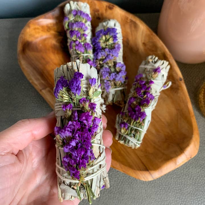 Sacred Sunday - Wholesale Sage Bundle - Purple Statice Flower White Sage Smudge Wand1