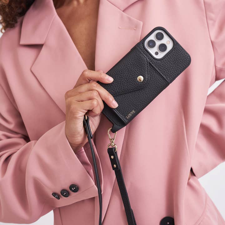 Louve Collection - Wholesale Phone wallet – women's - Zoë Black Leather Phone Case Wallet & Matching Strap12