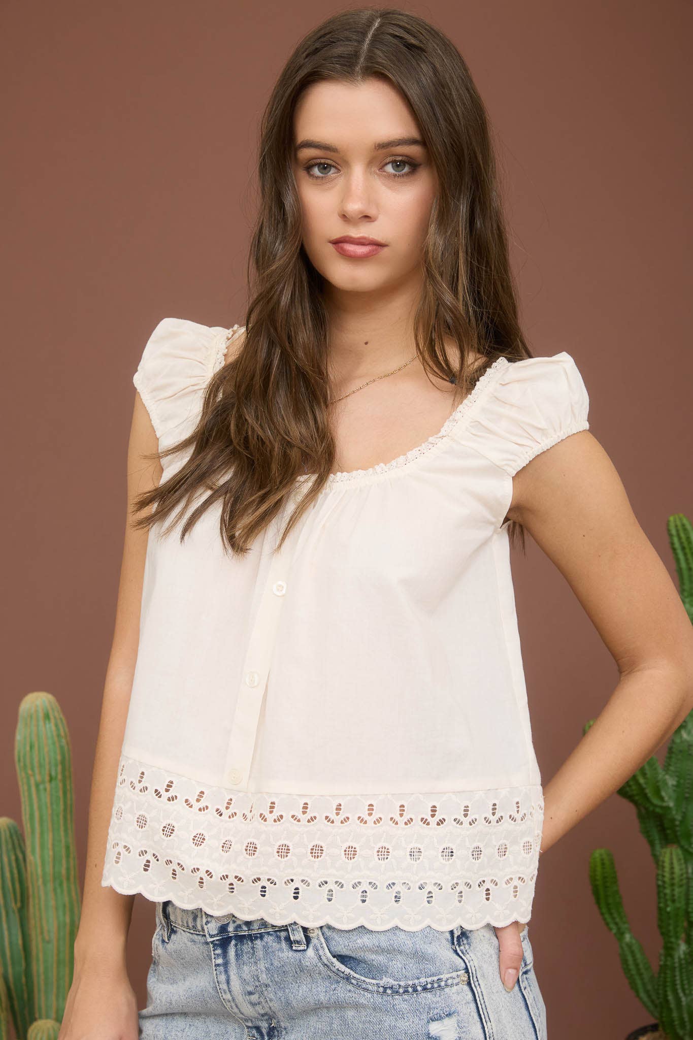 Blu Pepper - Wholesale Blouse - Women's - EYELET LACE TRIM SHORT SLEEVE BUTTON DOWN BLOUSE12