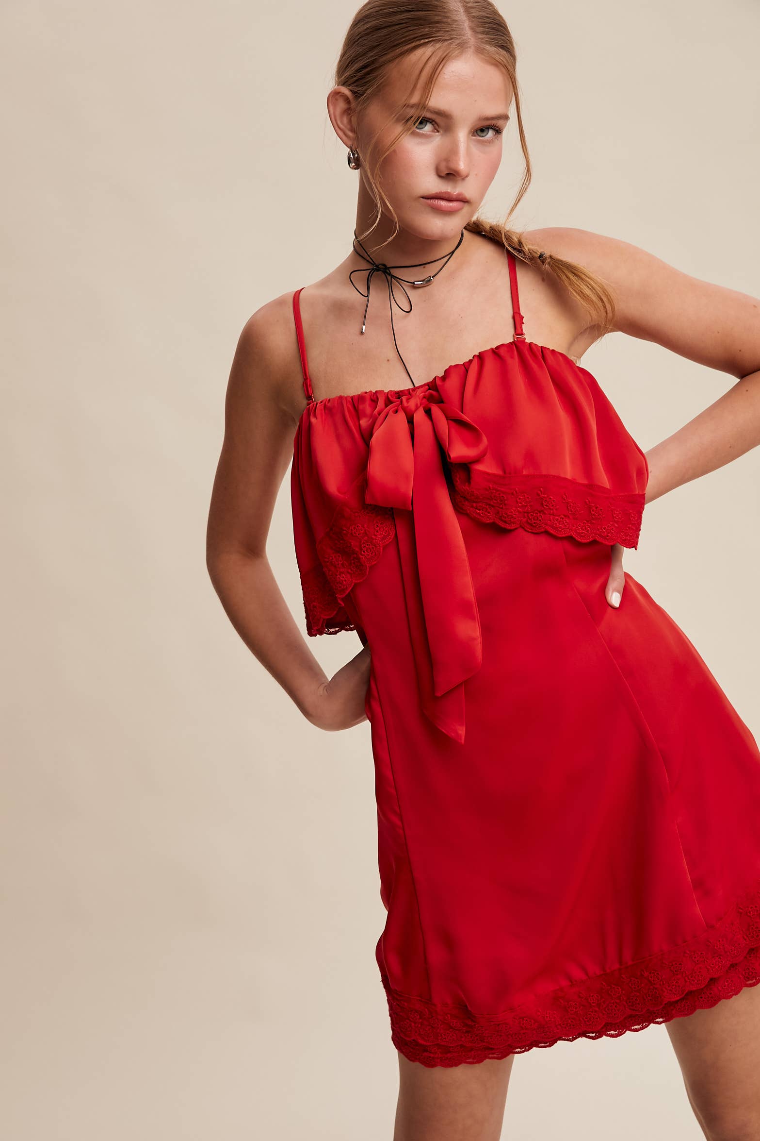 Listicle - Wholesale Dress - Women's - Bow Front Lace Trim Mini Dress LD106324