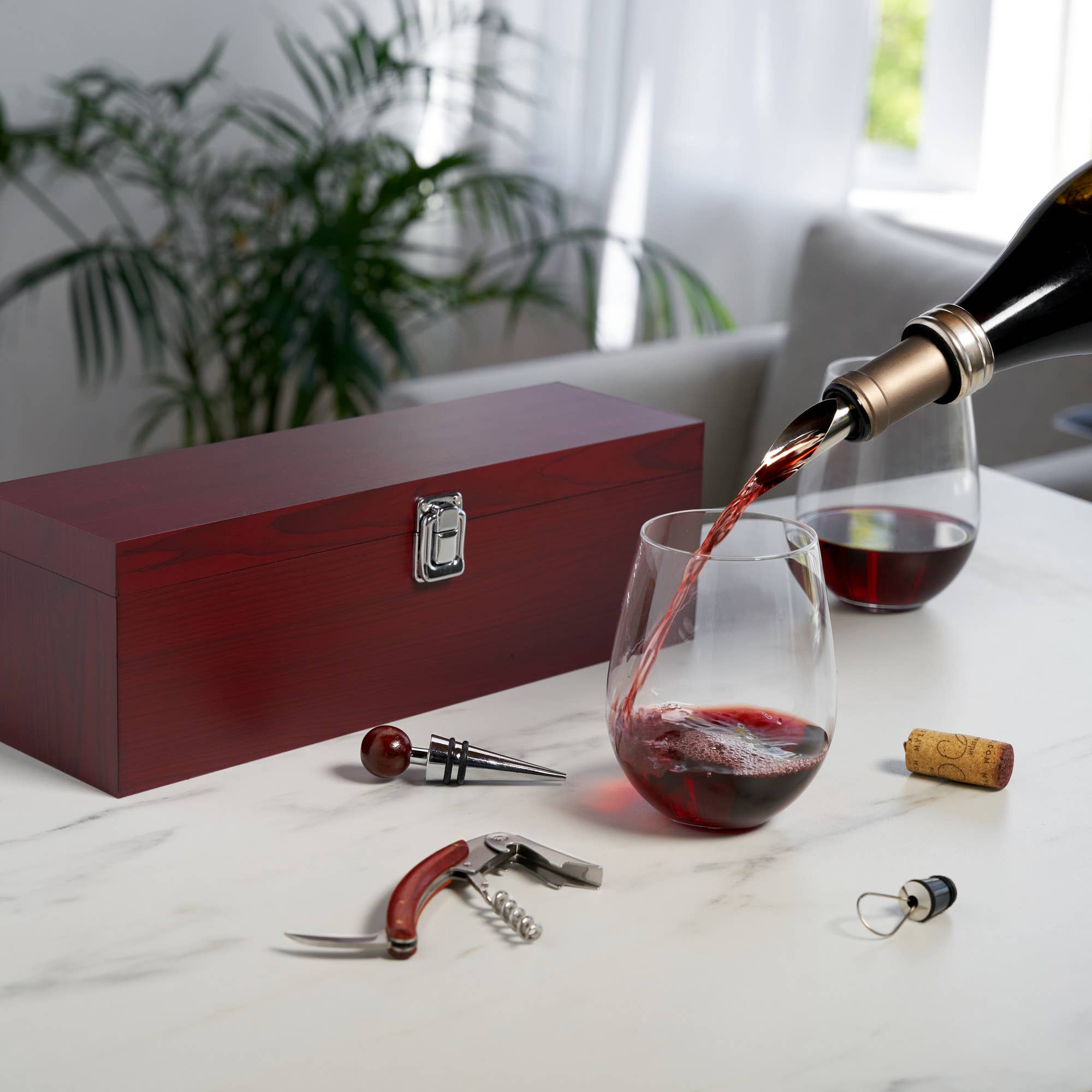 TRUE - Wholesale Wine Tool Set - Cherry Padded Wooden 1 Bottle Gift Box with 4 Wine Tools2