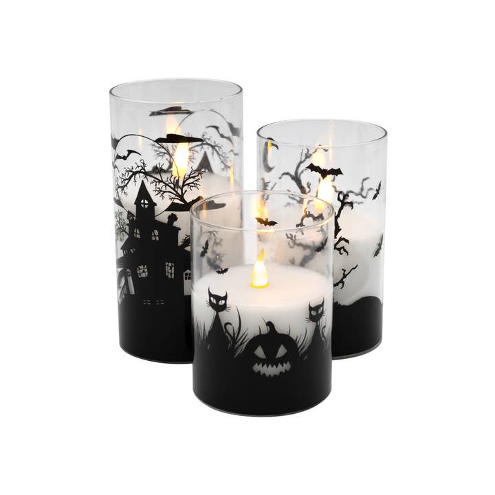 Battery Operated LED Halloween Hurricane Candles (set of 3) for wholesale by LumaBase