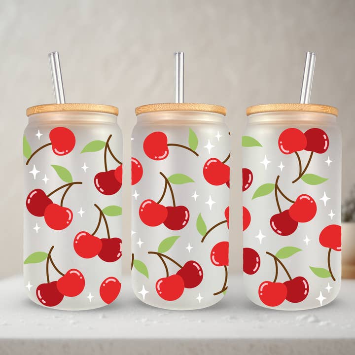 SKS Design Studio - Wholesale Drinking Glass/Cup - Cherry | 20 oz Glass Tumbler with Bamboo Lid & Straw