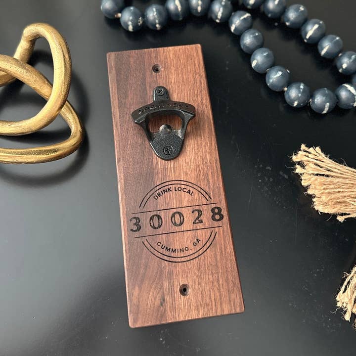Seeds & Sawdust - Wholesale Bottle/Wine Opener - Custom Engraved Walnut Bottle Opener – Drink Local | City & Zip Code Wall Mount Gift