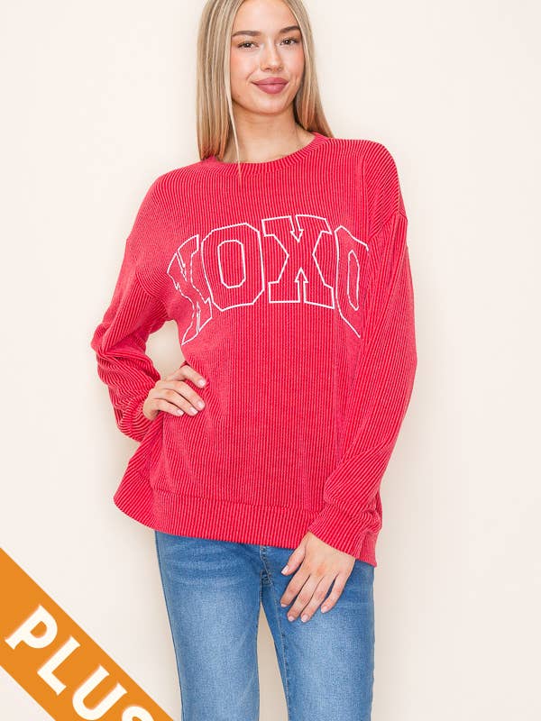 Tres Bien, Inc - Wholesale Screen Printed T-Shirt - Women's - PLUS SIZE VER: "XOXO" OUTLINE VALENTINE'S L/S GRAPHIC TEE