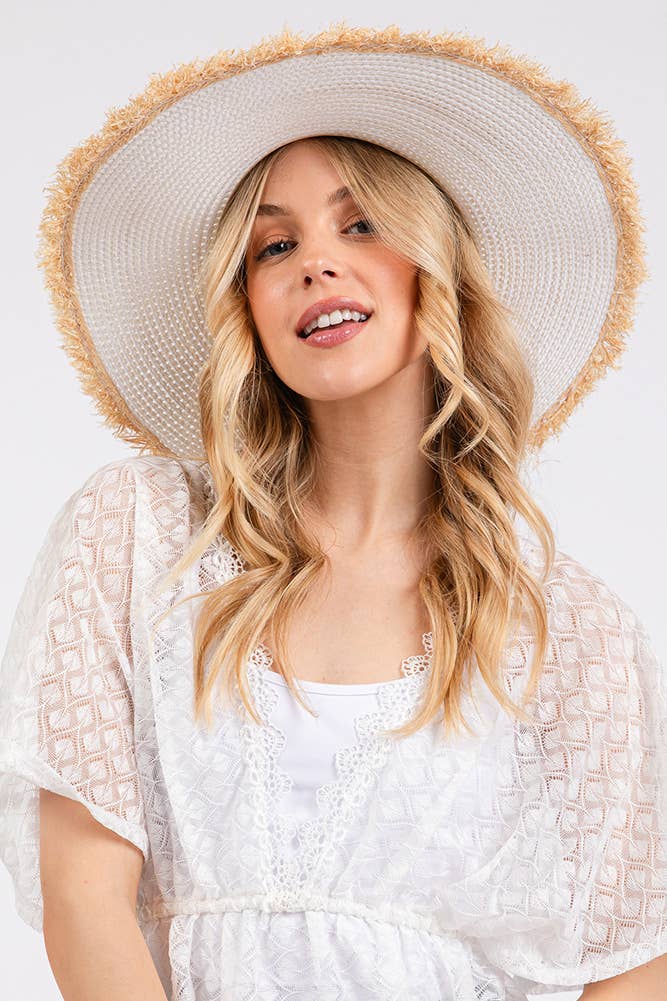 Hana - Vendita all'ingrosso Cappello di paglia - Donna - Cappello Estivo di Paglia a Tesa Larga Bicolore con Bordo Sfilacciato38