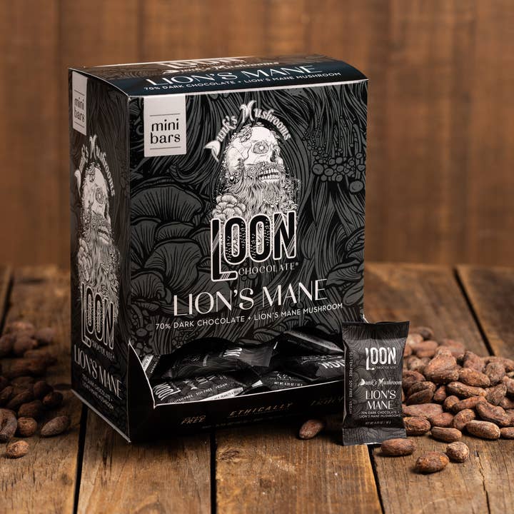Loon Chocolate - Wholesale Chocolate Bar - Lion’s Mane Dark Chocolate Mini Bars (70-Count Display Box)0