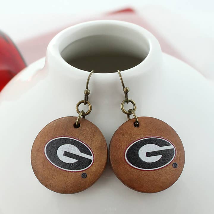 Ohrringe aus Holz mit Georgia-Logo für den Großhandel von Seasons Jewelry