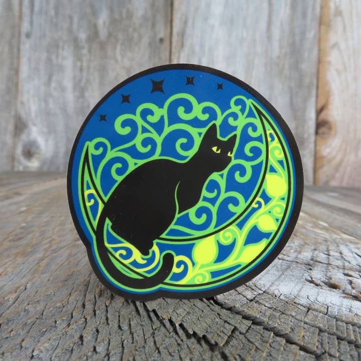 Black Cat Blue Floral Moon Sticker Waterproof Magic Mystic Halloween Cat for wholesale by Kirk's Krafts