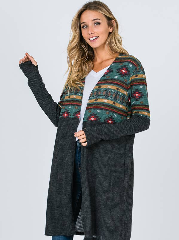 7353-Aztec contrast thumbhole cardigan for wholesale by lovely melody