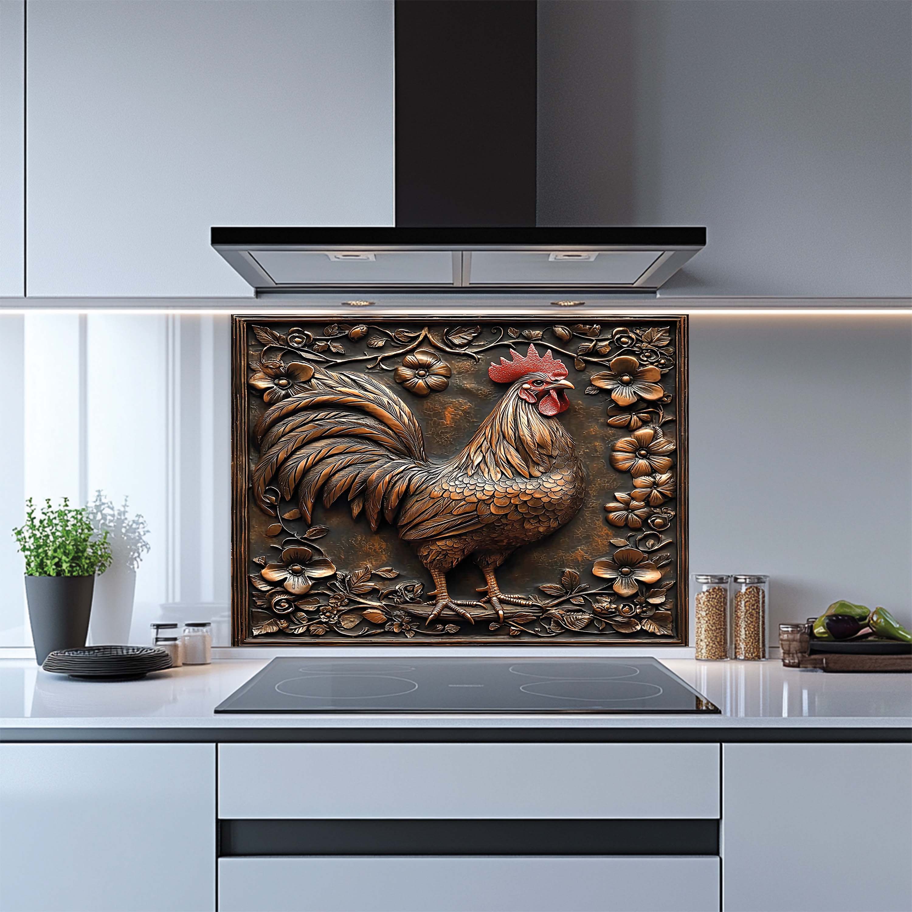 Glass Kitchen Backsplash - Wholesale Wall Accent - Copper Look Rooster Tempered Glass Backsplash – Farmhouse Kitchen Backsplash2