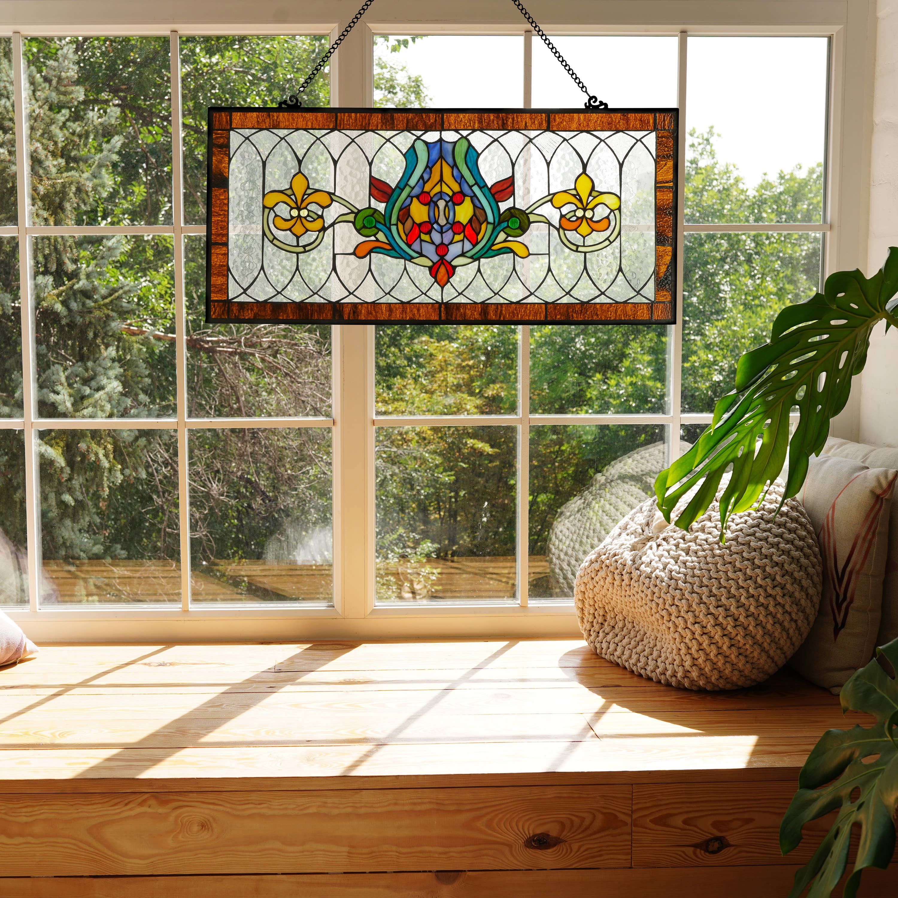 River of Goods - Wholesale Suncatcher - 30"L Fleur De Lis Victorian Stained Glass Pub Window Panel0