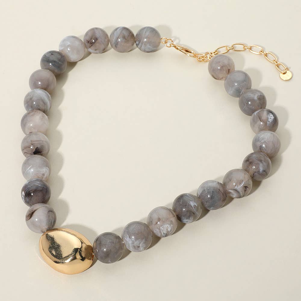 Sensibling Corp. - Wholesale Beaded/Pearl Necklace - Polished Metal Bean Accent Bold Marbled Ball Beaded Statement Necklace0