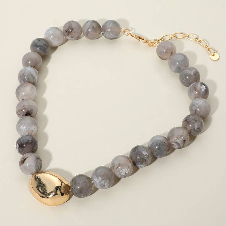 Sensibling Corp. - Wholesale Beaded/Pearl Necklace - Polished Metal Bean Accent Bold Marbled Ball Beaded Statement Necklace