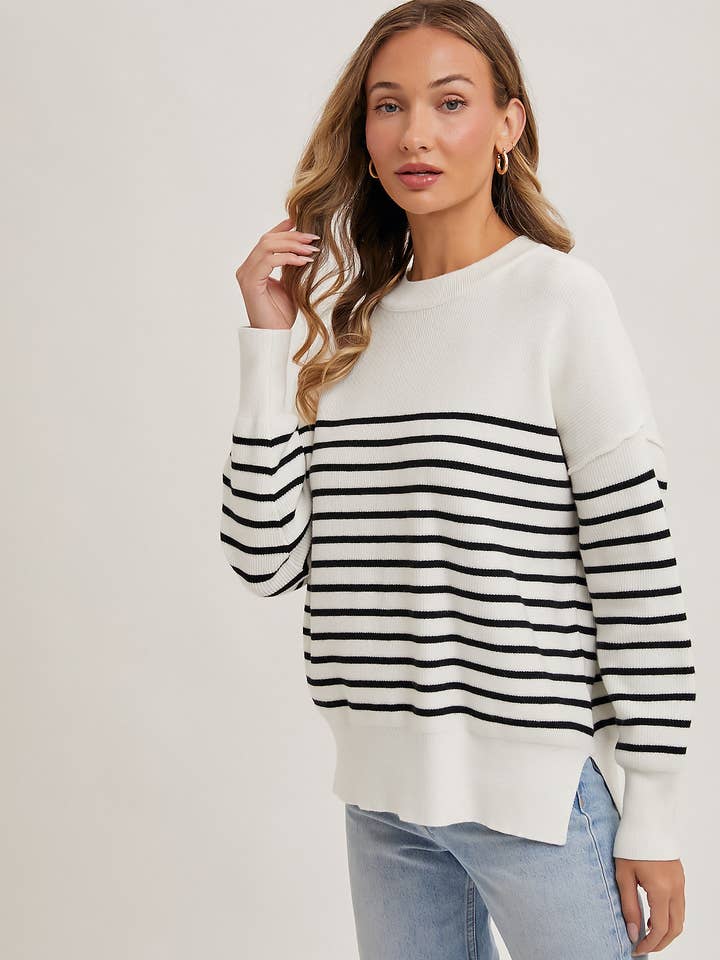 Bluivy - Wholesale Knit Sweater - Women's - STRIPED KNIT SIDE SLIT SWEATER TOP