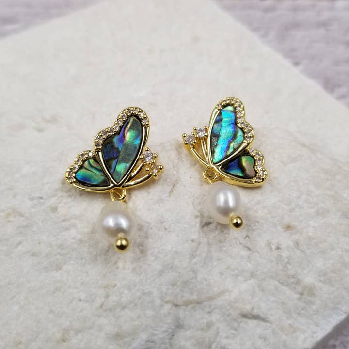Natural Fritillaria & Freshwater Pearl Butterfly Earrings for wholesale by Treasure Wholesale