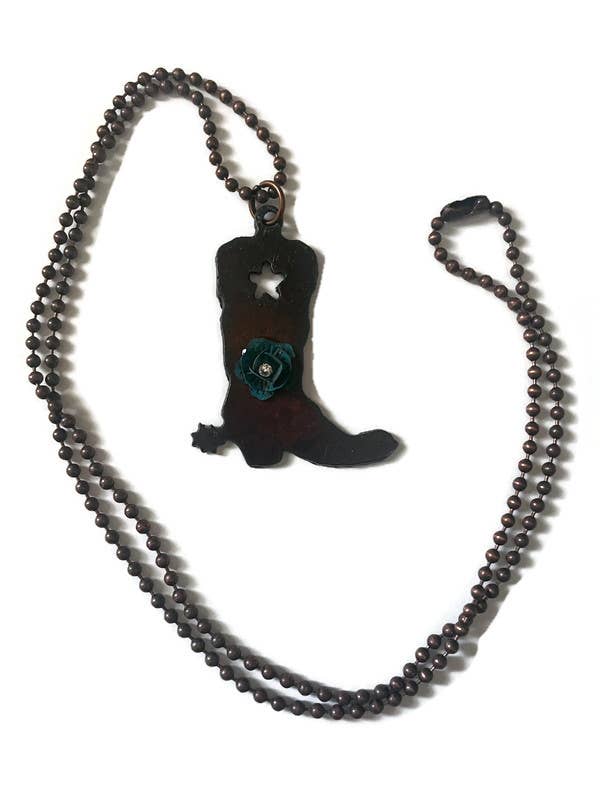 The Rustic Barn - Vente Colliers à pendentif - Collier BOTTES de cow-boy rustiques avec fleur turquoise2
