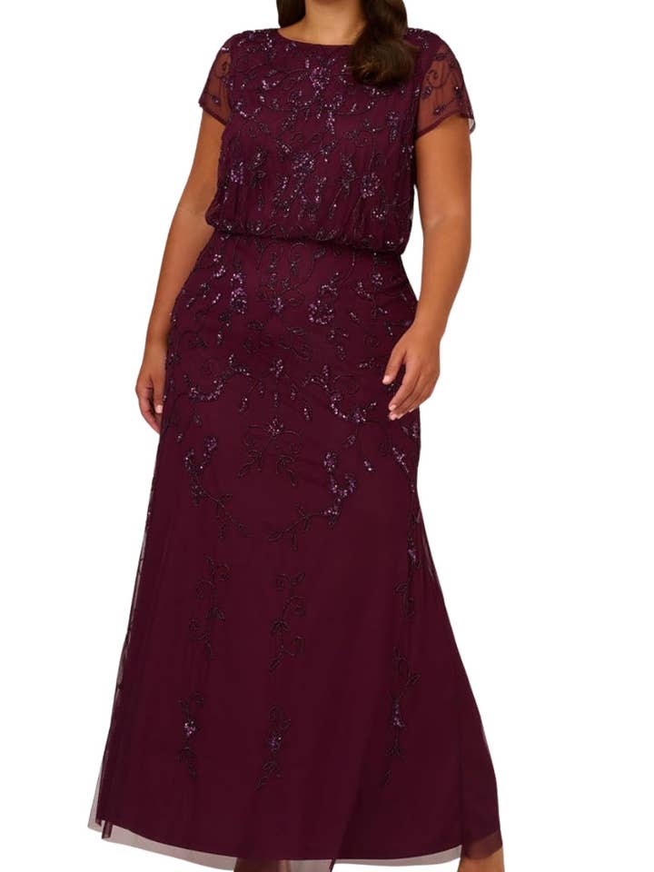 Adrianna Papell Mesh-Ranken-Pailletten-Kleid mit Bootsausschnitt, transparenten kurzen Kappärmeln, Reißverschluss, Blouson-Oberteil und A-Linien-Silhouette im Maxikleid-Stil. für den Großhandel von Immediate Apparel