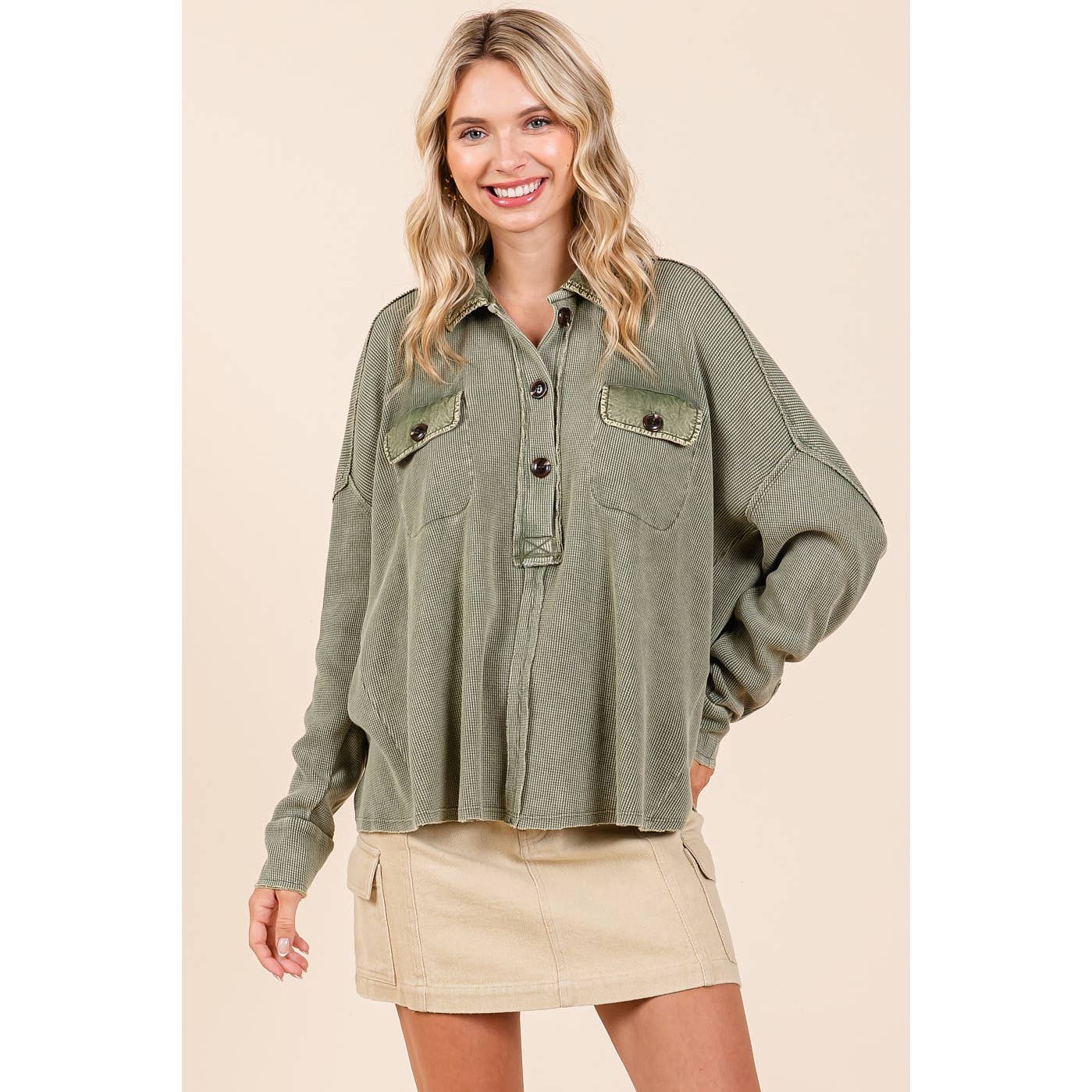 mittoshop - Vente Chemise à col boutonné – femme - HAUT HENLEY À COL GAUFRÉ DÉLAVÉ MINÉRAL1