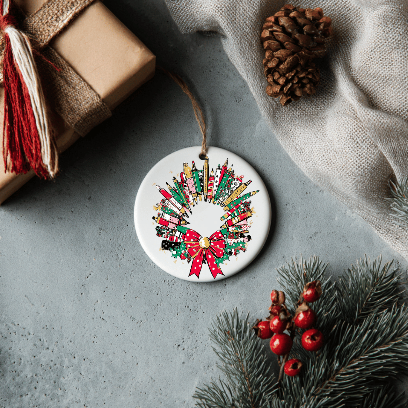 JAC Wholesale - Wholesale Ornament - Mixed Pencil Christmas Wreath Ceramic Ornament  1