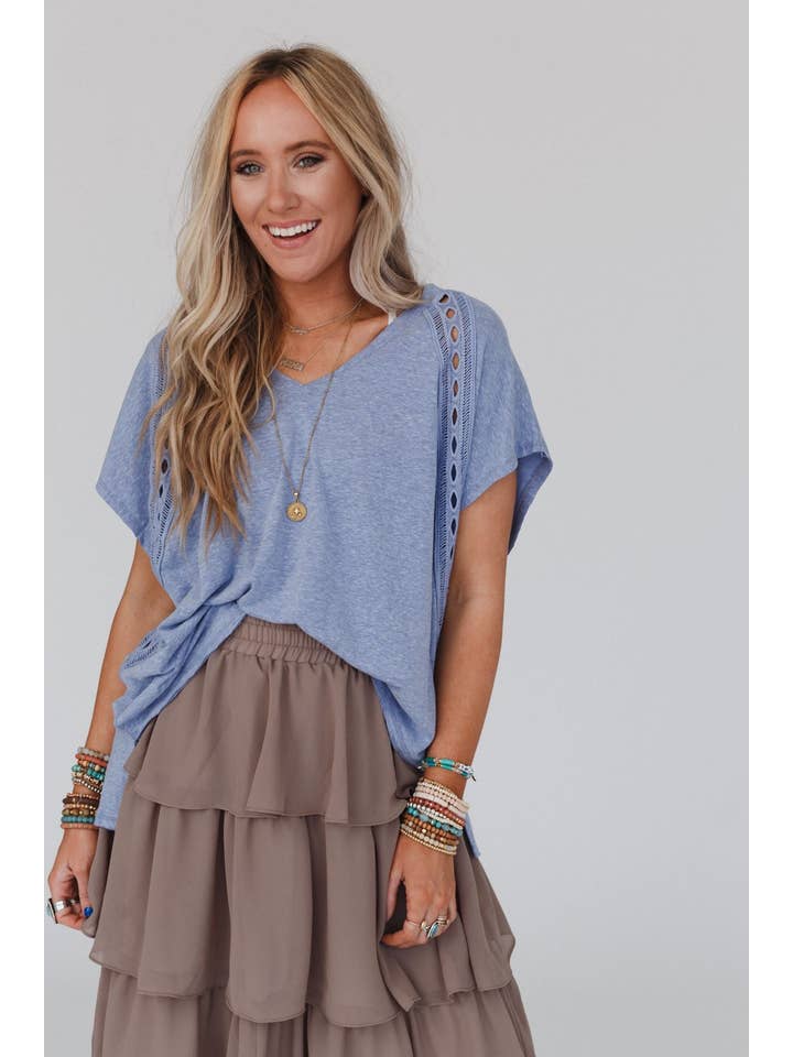 Three Bird Nest - Wholesale Blouse - Women's - Camden Lace V Neck Top - Denim