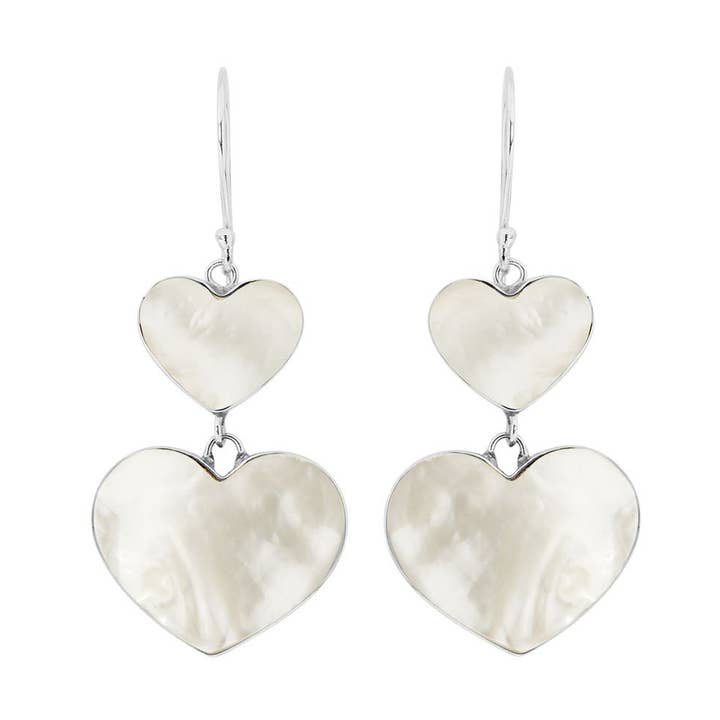 Bali Designs - Wholesale Dangle Earrings - AE-1170-MOP Sterling Silver Mother Of Pearl Double Heart Long Drop Statement Earrings0
