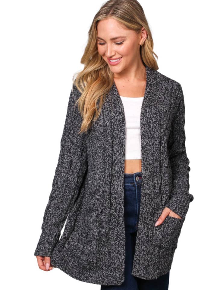 Women's Long Sleeves Open Front Double Pocket Cable Knit Cardigan for wholesale by Good Stuff Apparel