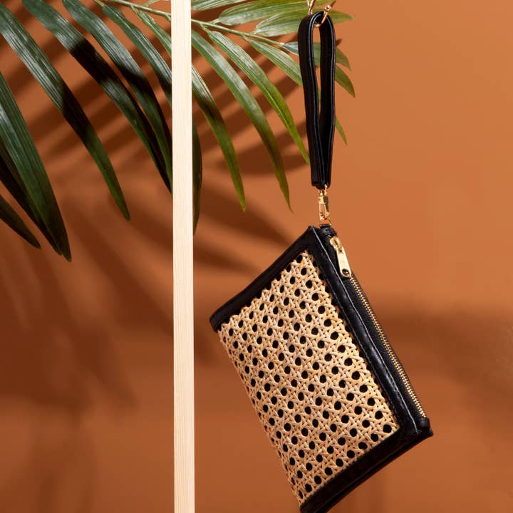 Black Woven Rattan & Leather Wristlet Pouch | Travel Luxe for wholesale by Soli & Sun
