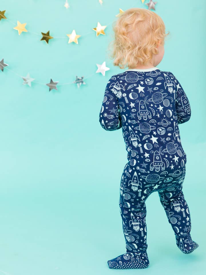 Navy Baby Boys Blast Off Bamboo Viscose Footed One Piece Pajama for wholesale on Faire