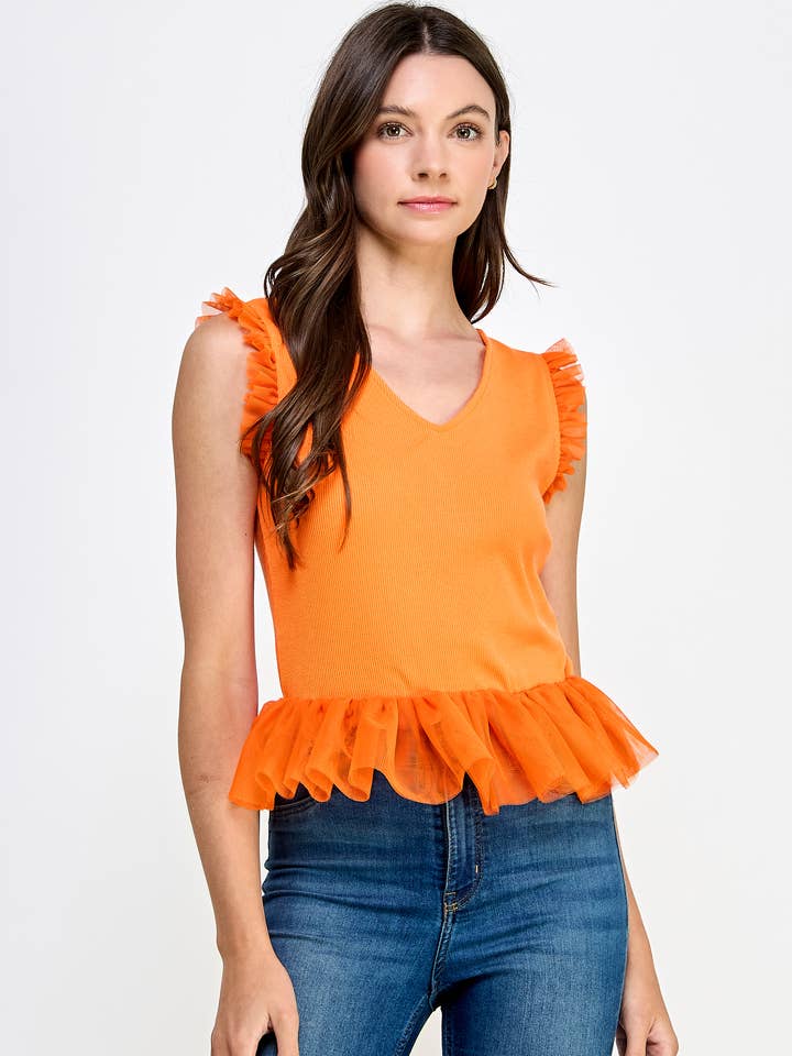 Ruffled Tyl V-hals Ribbet Strik Tank Top for engroshandel hos Strut & Bolt