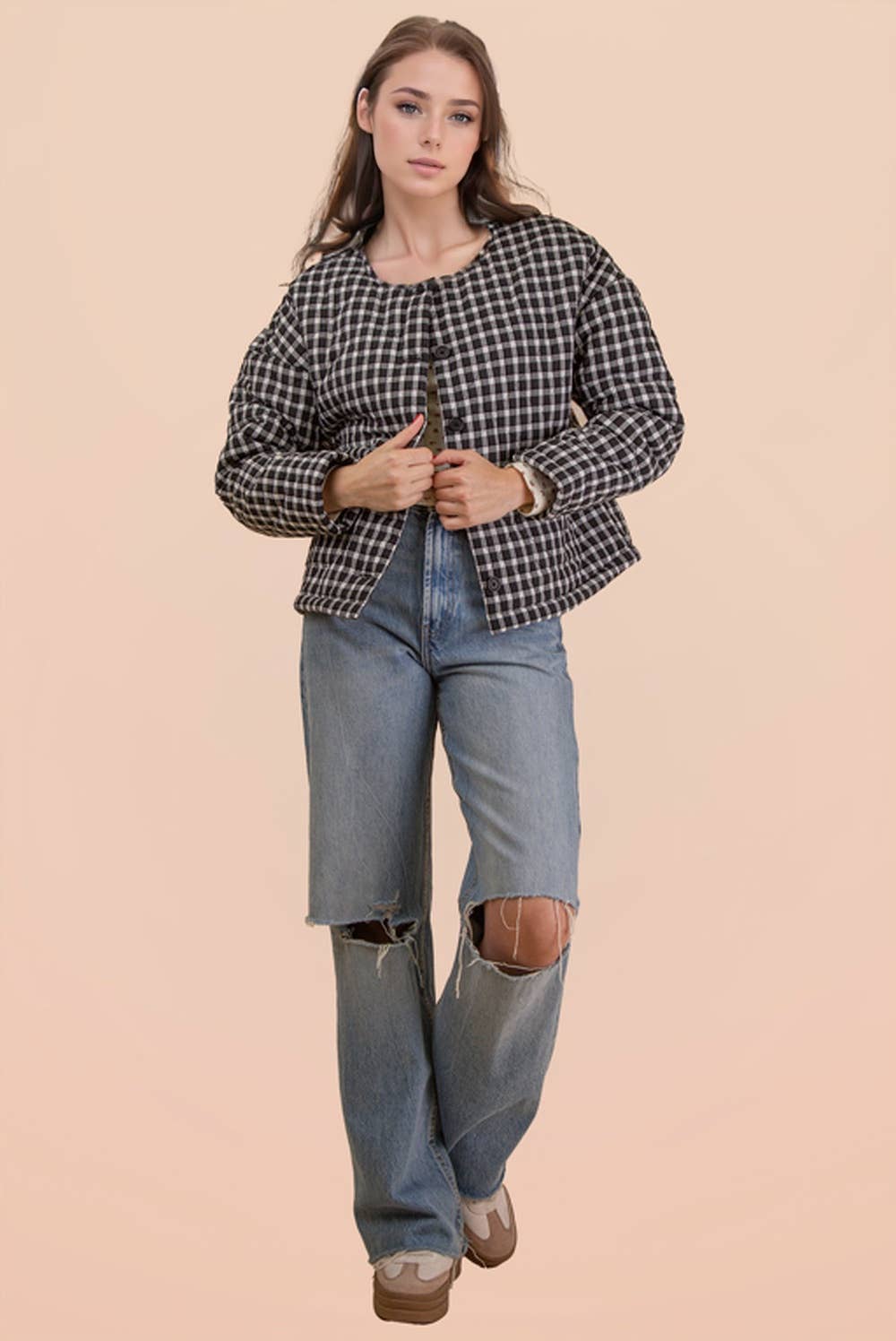 VERY J - Wholesale Jacket - Women's - NJ90419-Oversized Checkered Casual Quilt Jacket3