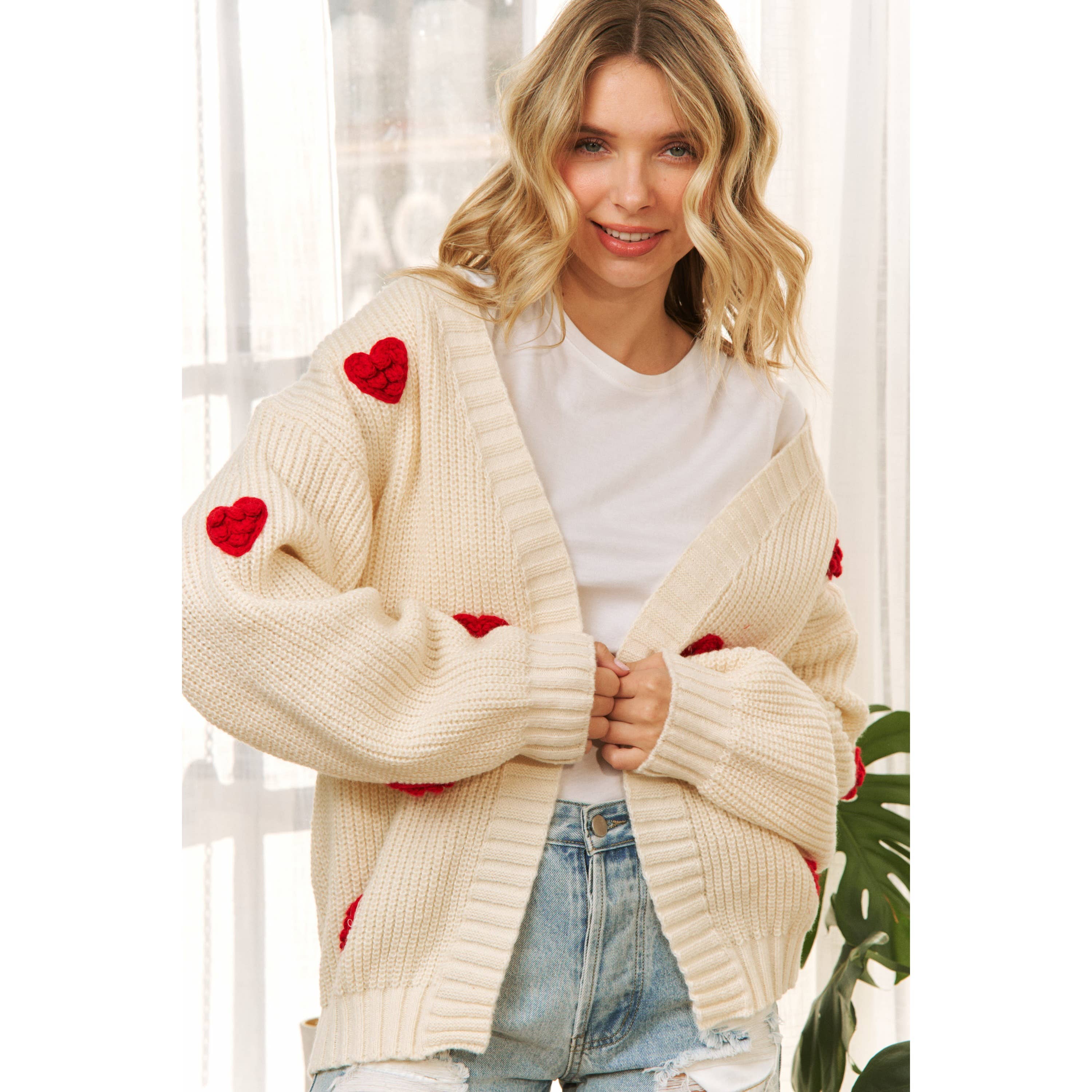 Cream HEART 3D PATTERN SWEATER CARDIGAN for wholesale on Faire3