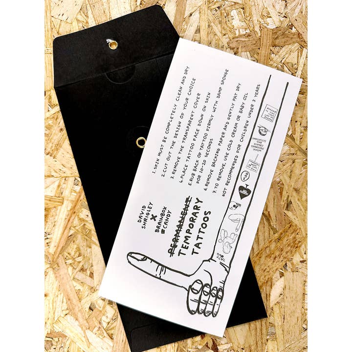 David Shrigley x Brainbox Candy - Wholesale Temporary Tattoo - Funny Gift - David Shrigley Temporary Tattoos - 13 Designs