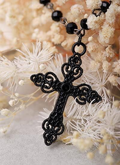 Black Women Gothic Exaggerated Cross Beads Pendant Necklace for wholesale on Faire2