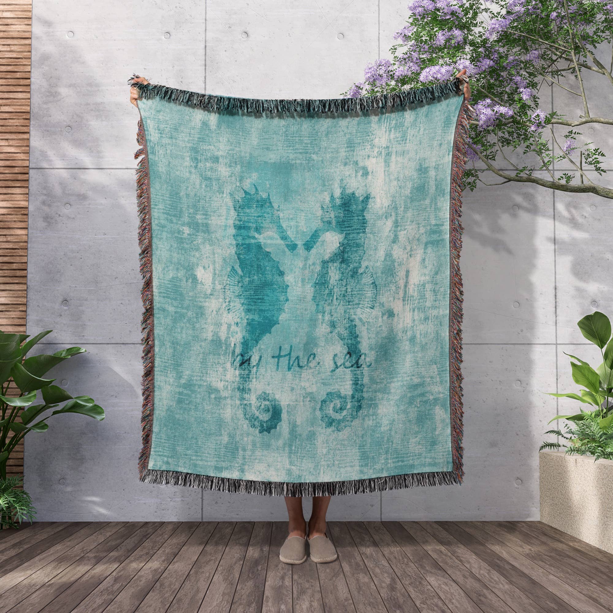 3dRose - Wholesale Throw Blanket - 3dRose, Aqua Nautical Beach Sea Horses, Blanket2