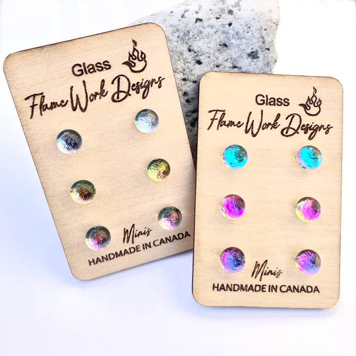 Set of Three Mini 5-6mm Dichroic Glass Studs for wholesale by Flame Work Designs - Glass Jewelry