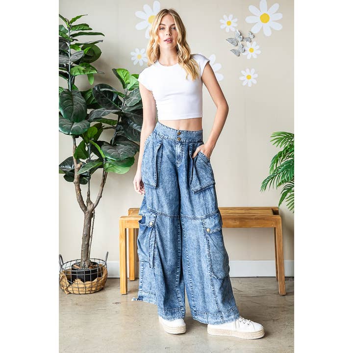 DENIM WASHED MID RISE 3D POCKETS CARGO PANTS for wholesale on Faire