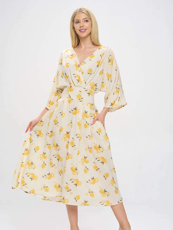 Made in USA Lemon Print V neck Swing Midi Dress with Pockets for wholesale by Renee C.