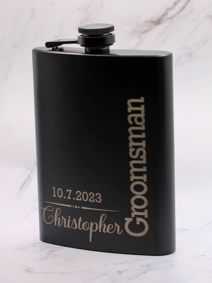 Customized Matte Black Flask for wholesale by Peacock Perch Creations
