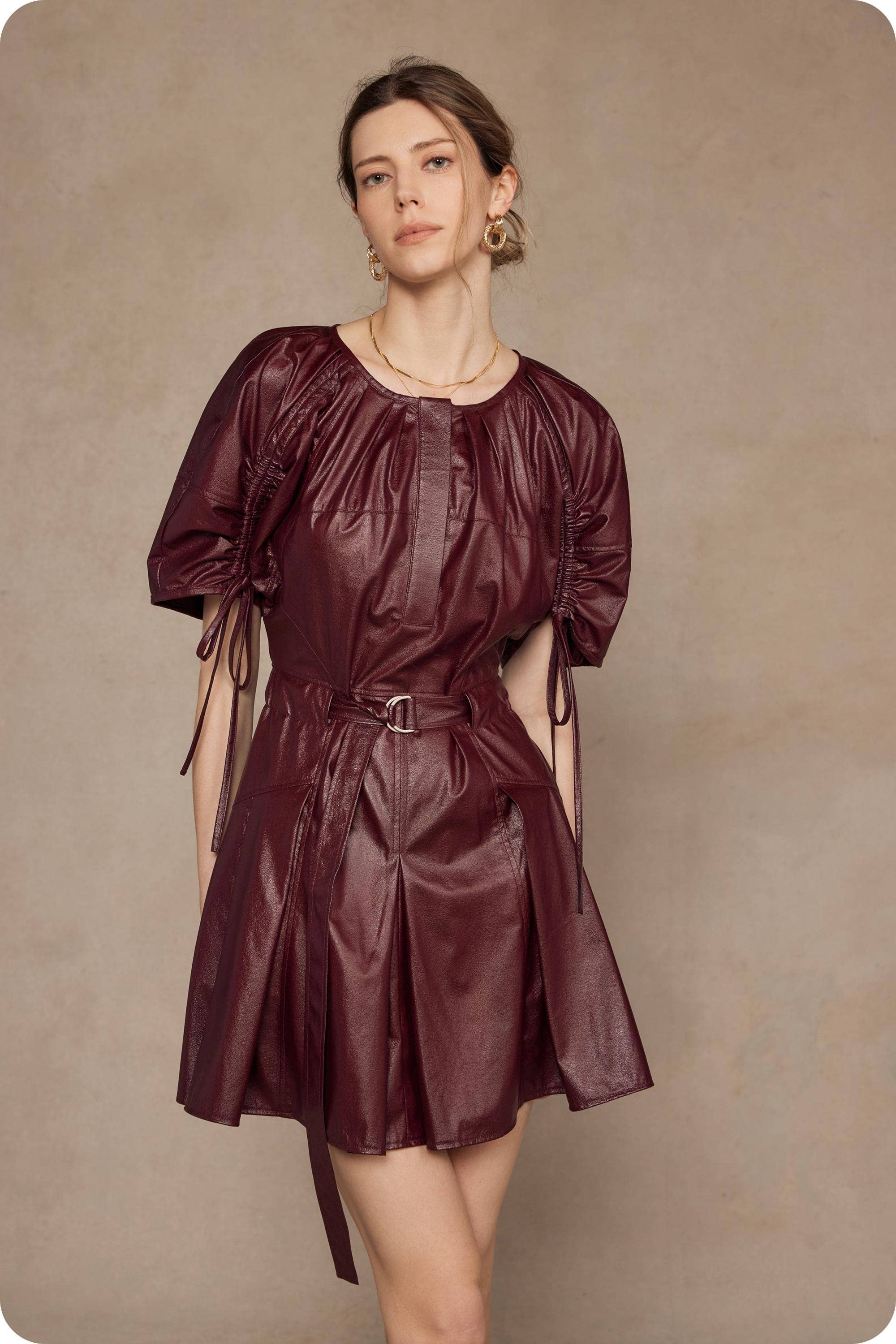 Burgundy Waist Belt Pleated Faux Leather Mini Dress for wholesale on Faire1