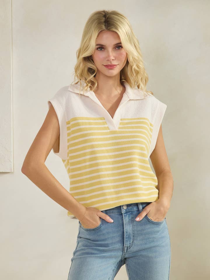 T-42240-CLOUDY KNIT STRIPE COLLARED TOP for wholesale by Tres Bien, Inc