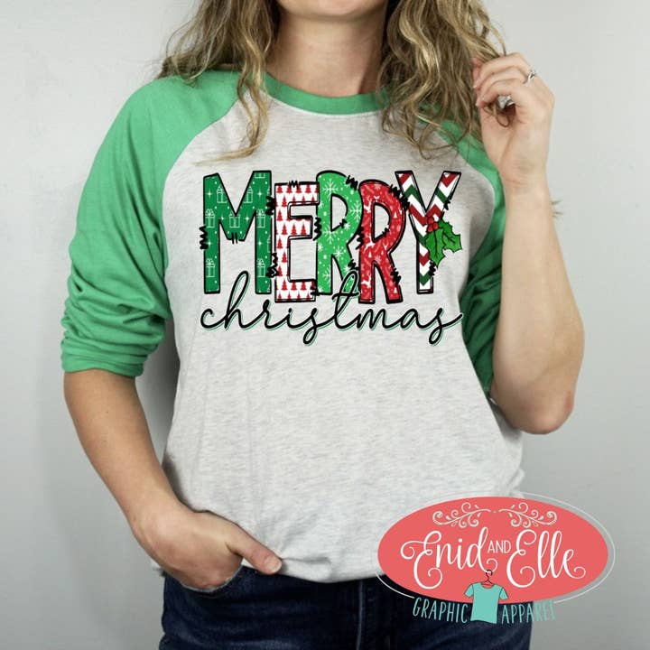 Merry Christmas Word Raglan Shirt for wholesale by Enid and Elle
