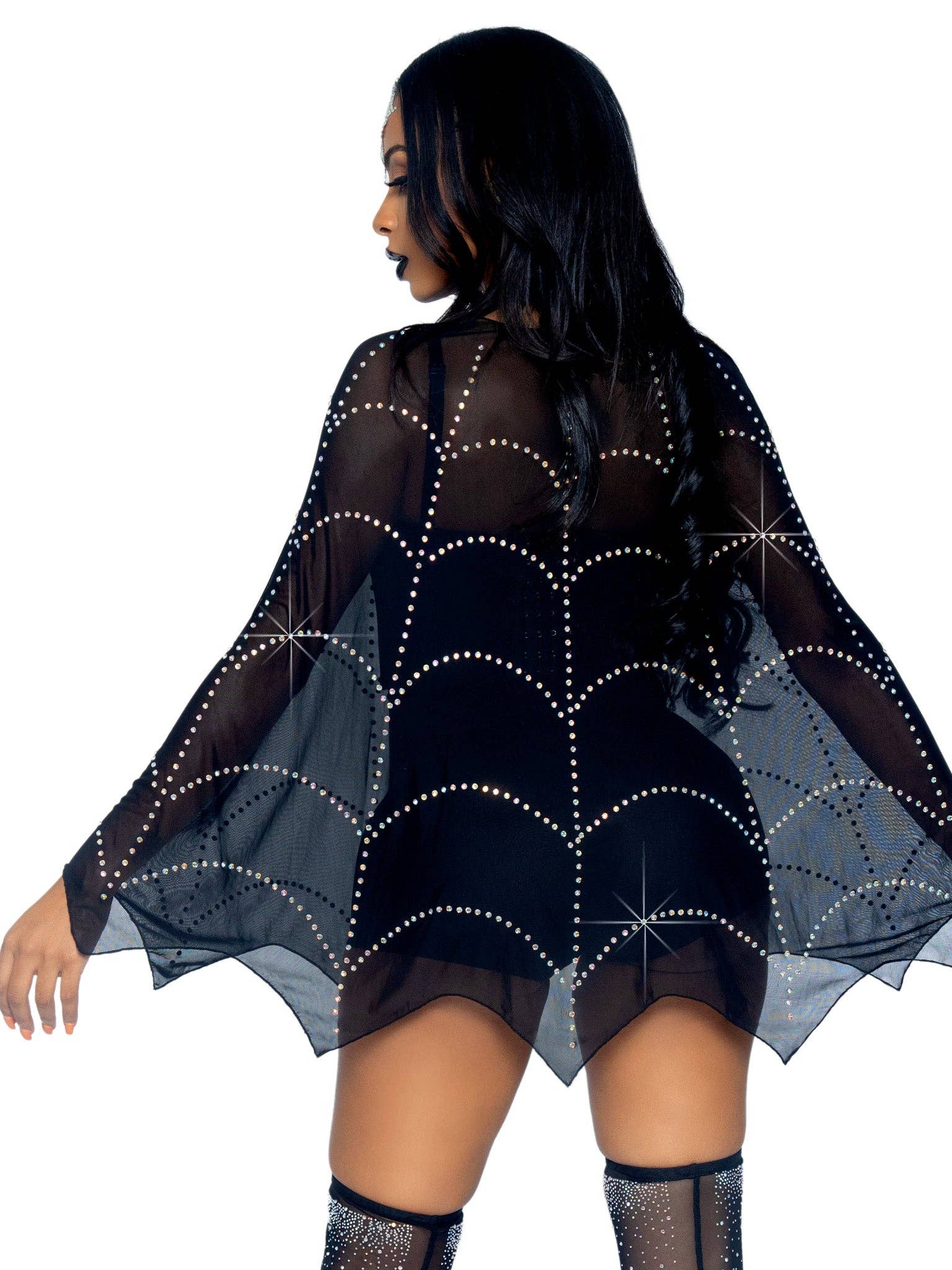 Black Spider Web Rhinestone Costume Poncho for wholesale on Faire1