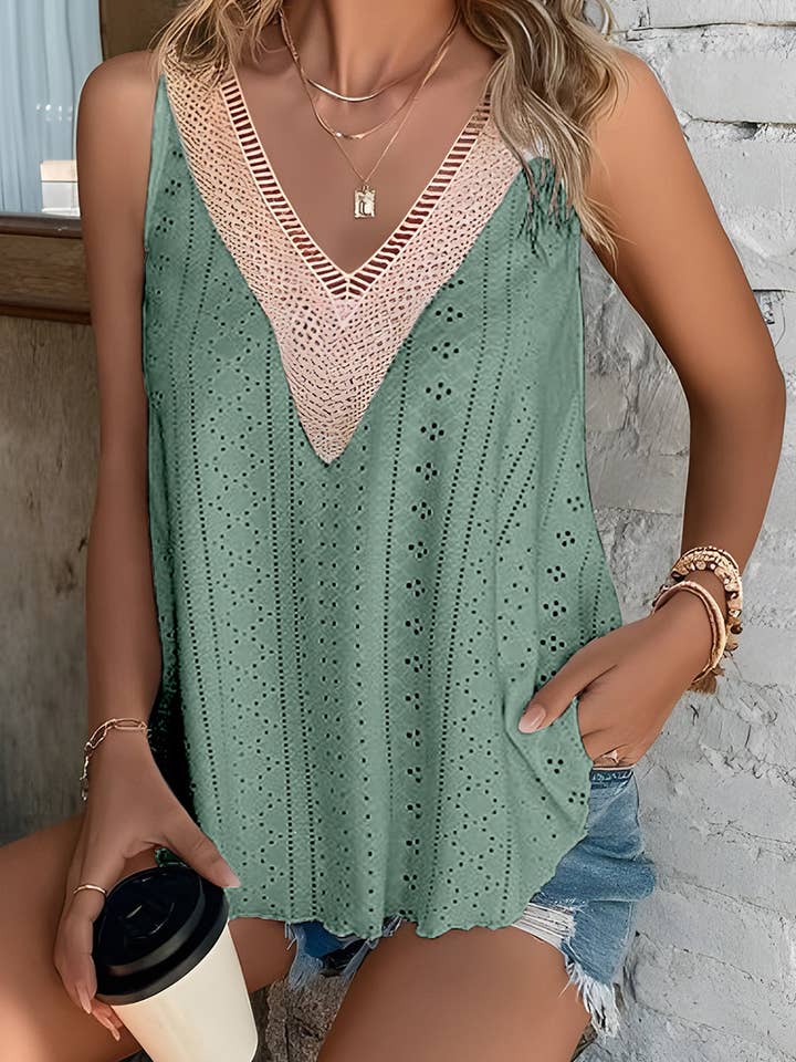 Lovesoft - Wholesale Tank Top - Women's - Multicolor Lace Crochet Splicing V Neck Loose Fit Tank Top
