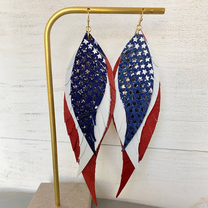 The Supply Society - Wholesale Dangle Earrings - Boho Layered Leather Earrings - Red White Blue Stars